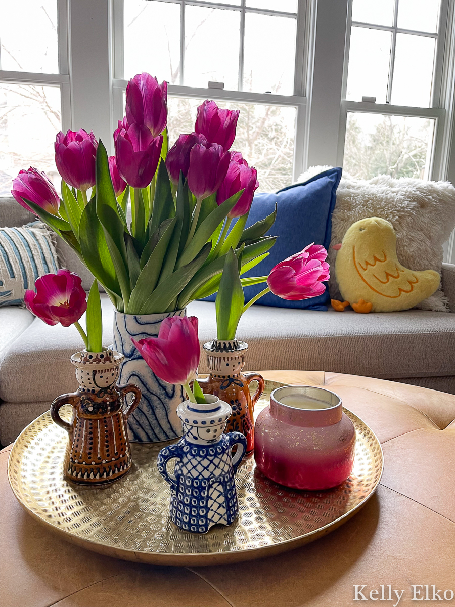 Big bunch of pink tulips and Polish pottery vases kellyelko.com