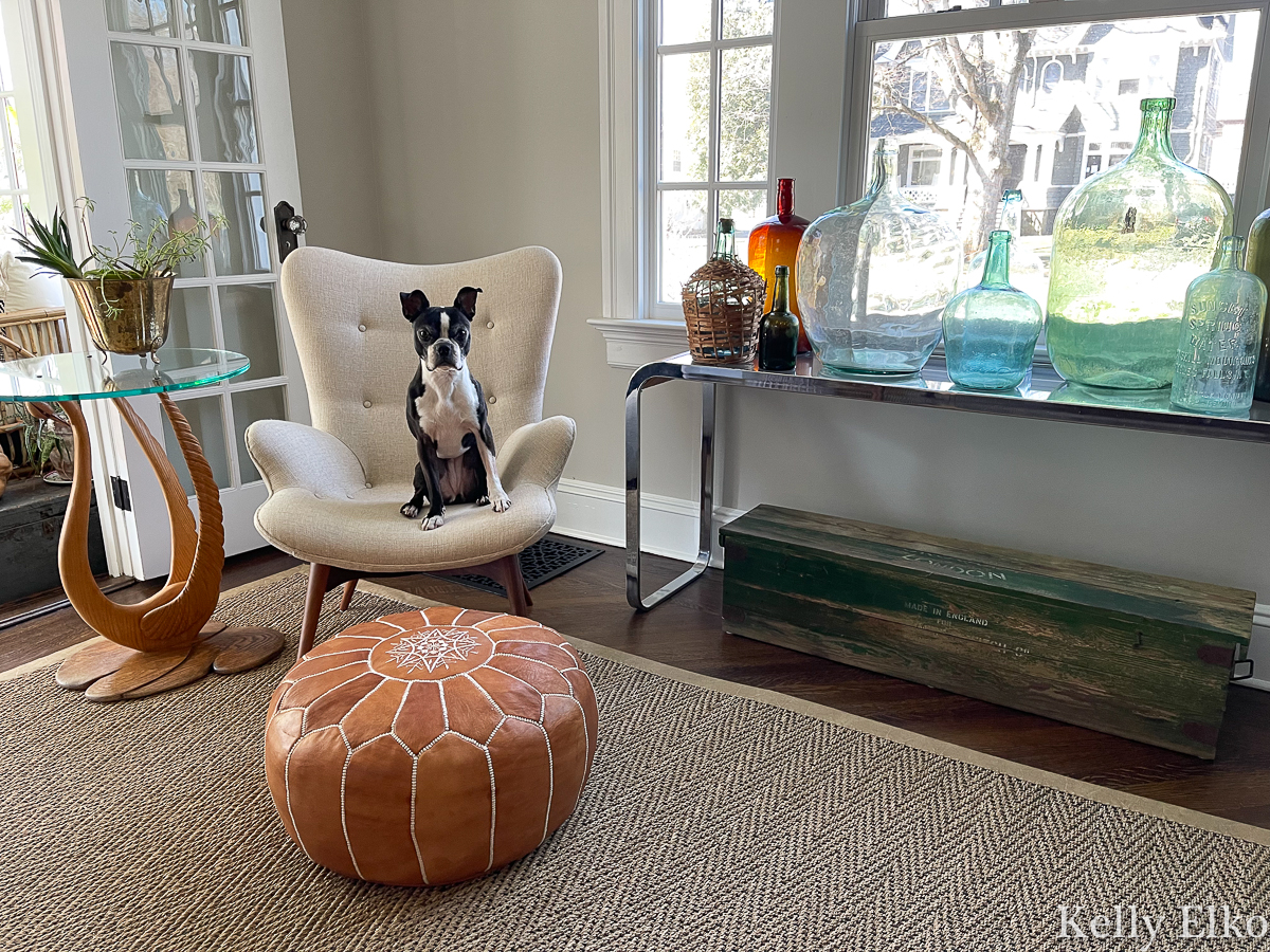 Love this cozy reading nook with chair, leather pouf and a table of old demijohn bottles and of course that cute Boston Terrier! kellyelko.com