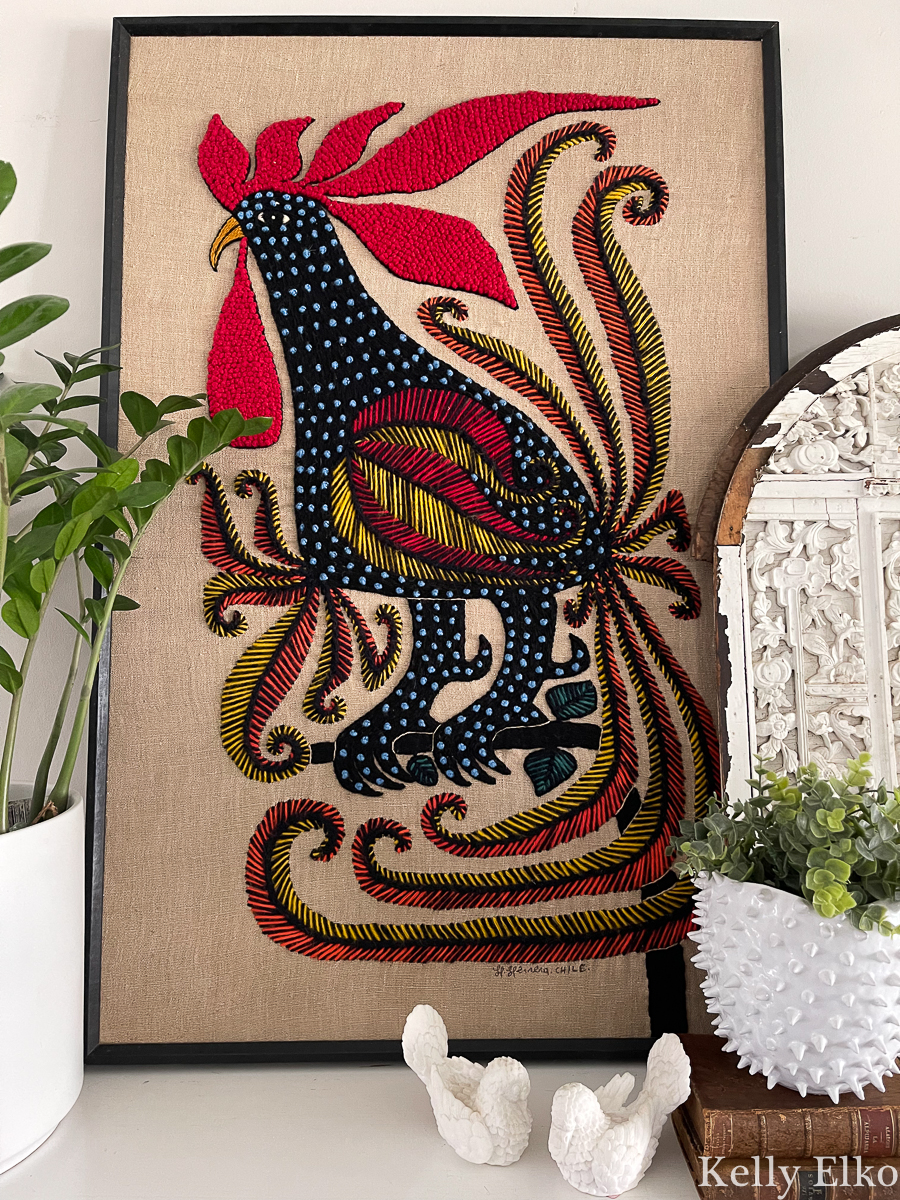 Rooster crewel art on this beautiful mantel kellyelko.com