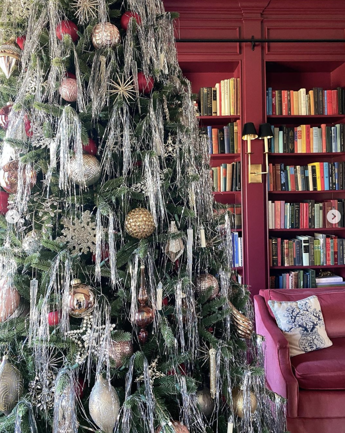 Gobs of tinsel on this gorgeous Christmas tree 