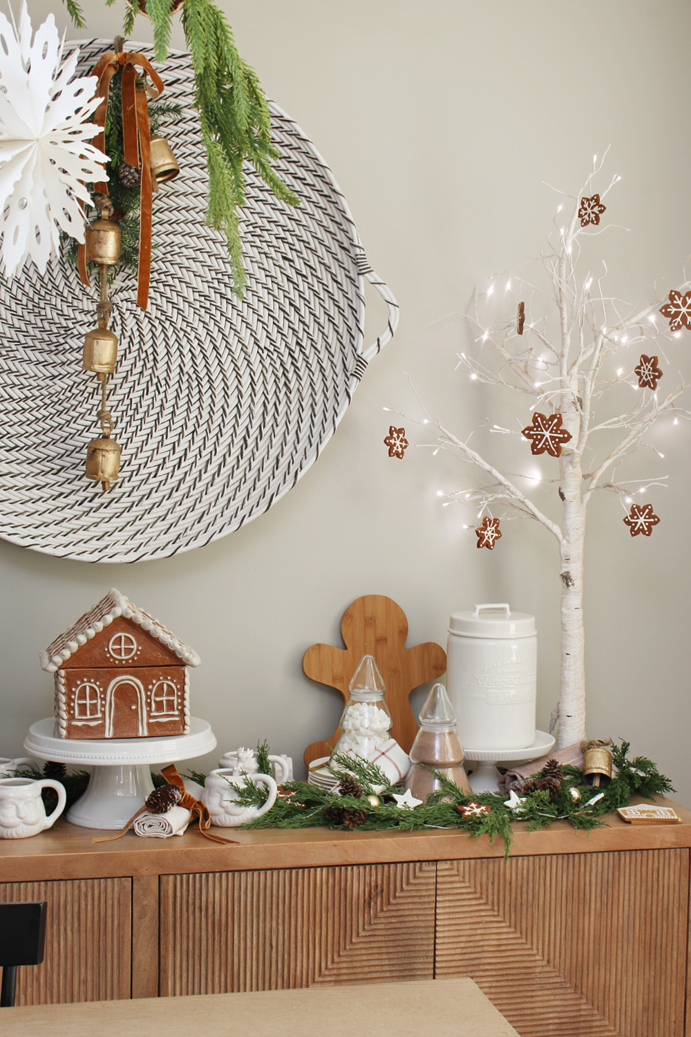 Brass Bells on a boho wall basket for Christmas