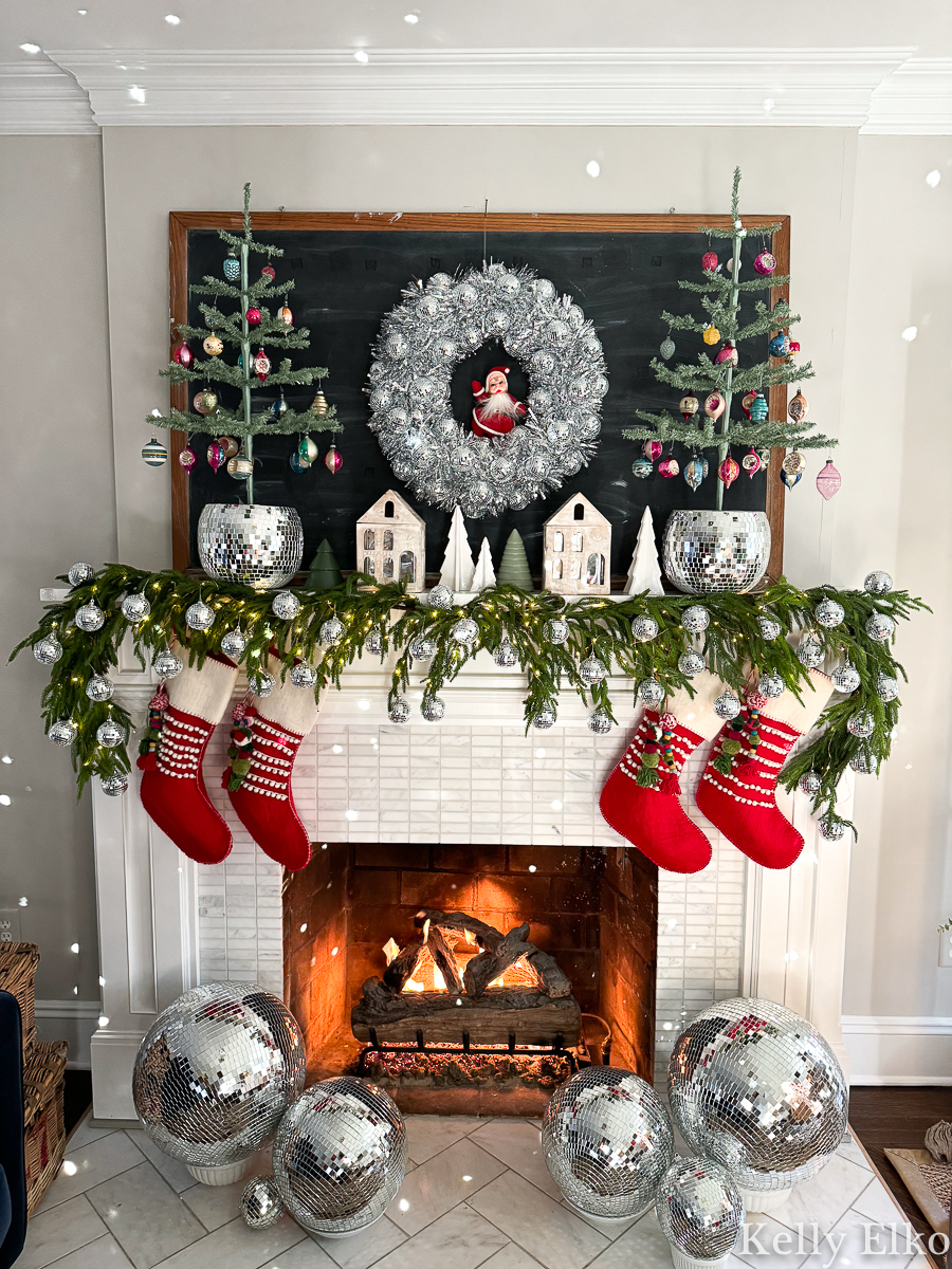 Disco Ball Christmas Decorating - love this mantel / kellyelko.com