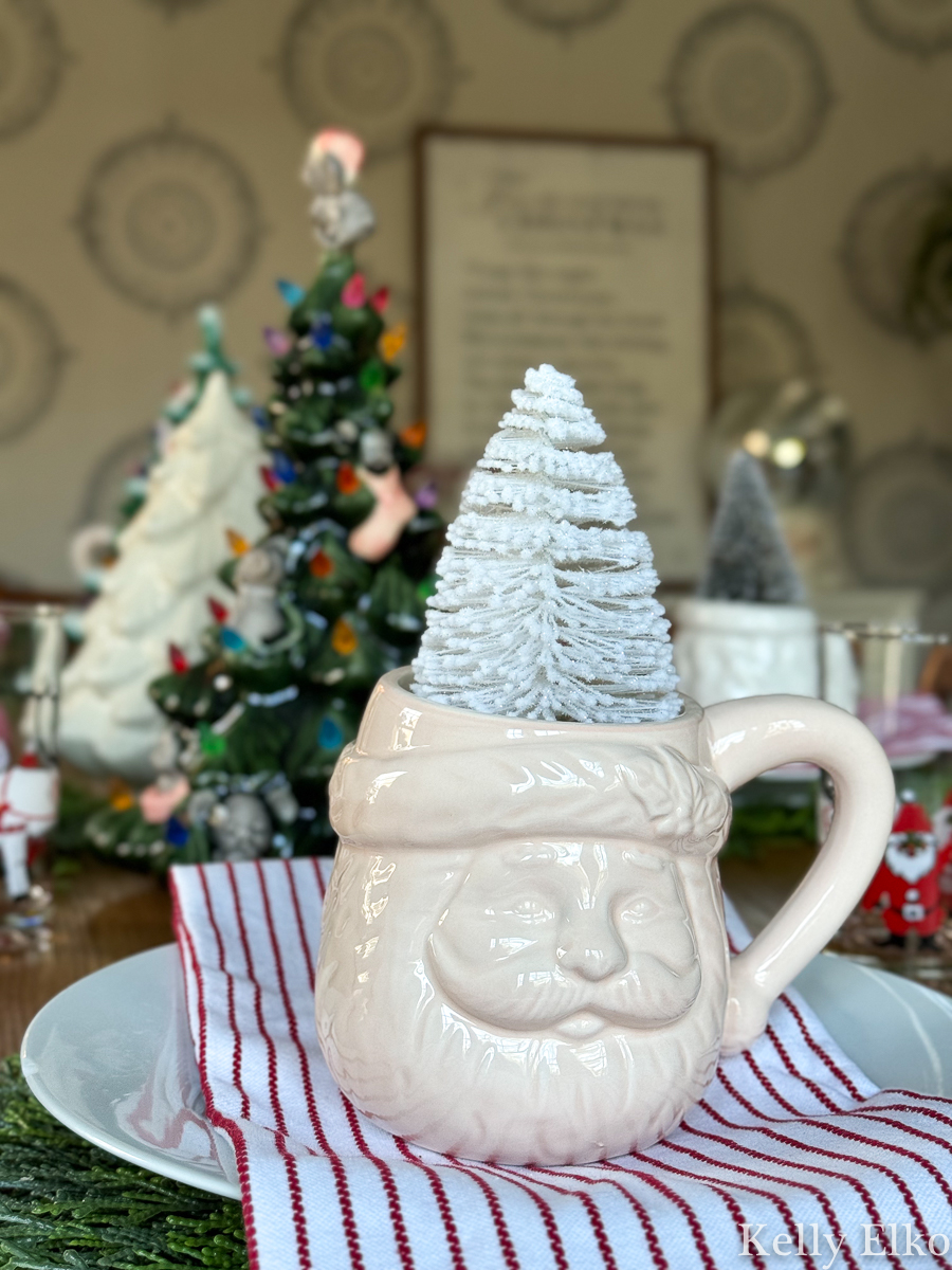 Santa mug with bottle brush tree table setting / kellyelko.com