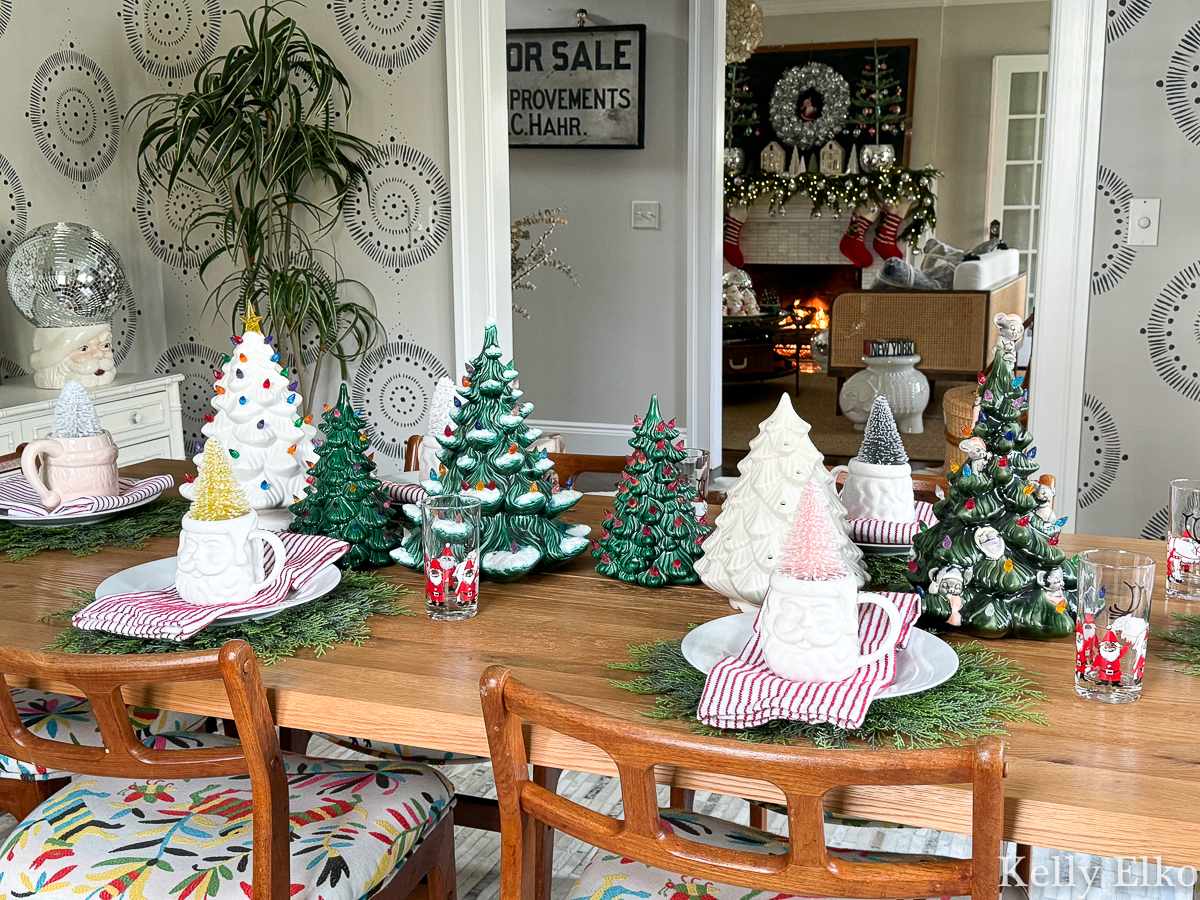 Vintage Ceramic Christmas Trees Santa Mugs and Bottle Brush Trees table / kellyelko.com