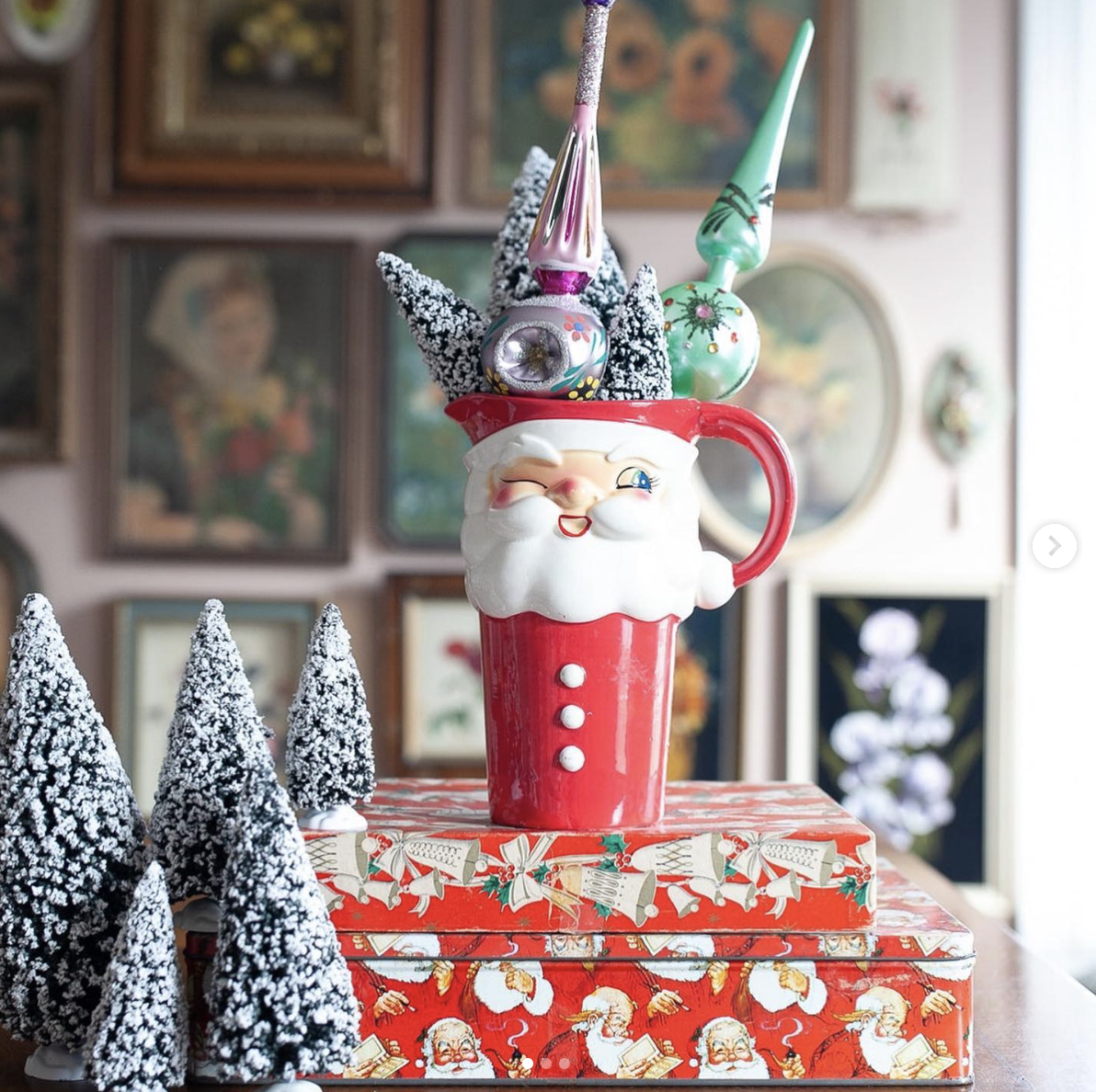 Santa mug with vintage tree toppers and bottle brush trees / kellyelko.com