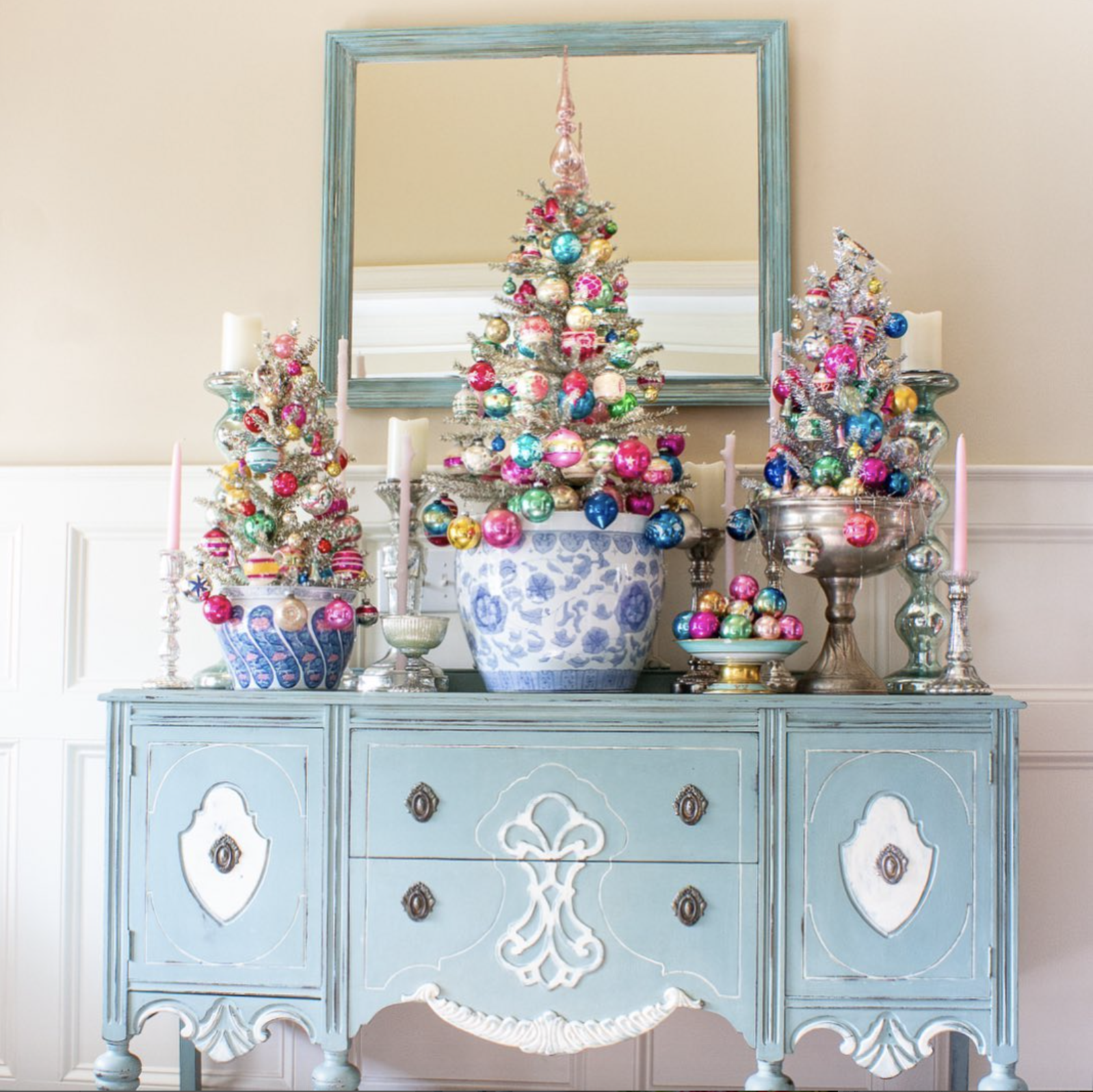 Tabletop tinsel trees covered in vintage Shiny Brite ornaments / kellyelko.com