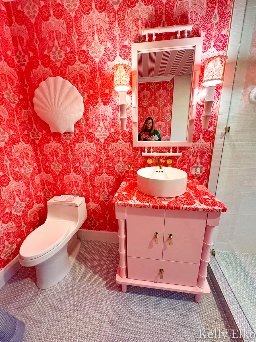 Kips Bay Show House Palm Beach De Loo Loo Bathroom pink wallpaper / kellyelko.com