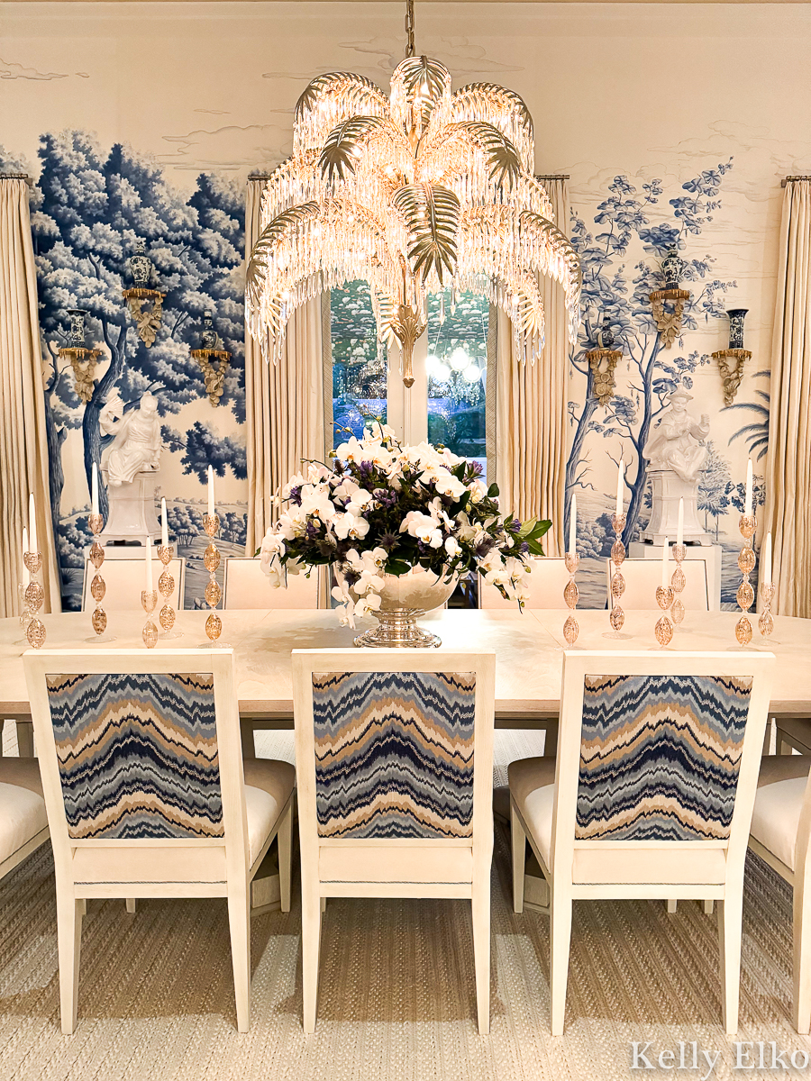 Kips Bay Palm Beach Show House Dining Room Blue Landscape Mural and Palm Tree Chandelier / kellyelko.com