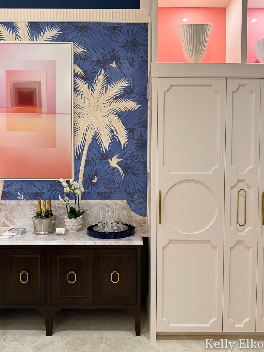 Kips Bay Show House Palm Beach kitchen blue wallcovering palm trees / kellyelko.com