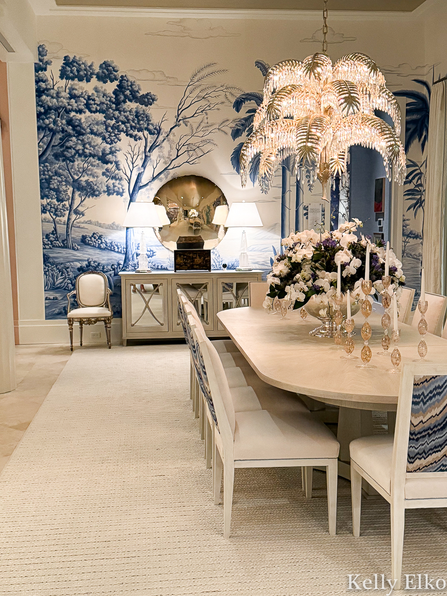 Kips Bay Palm Beach Show House Dining Room Blue Landscape Mural and Crystal Palm Leaf Chandelier / kellyelko.com