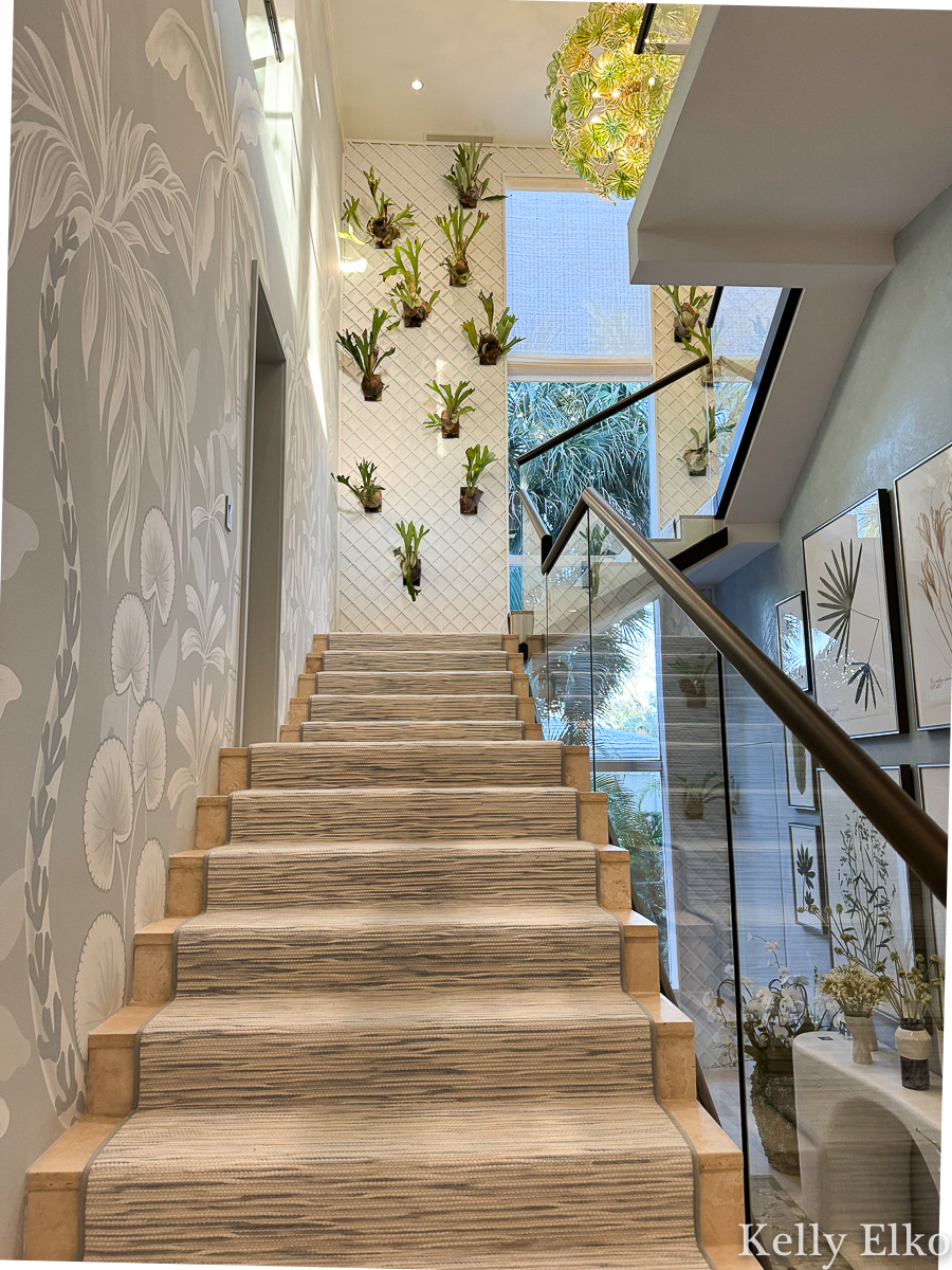 Kips Bay Show House Palm Beach Staircase Plant Wall Palm Leaf Mural / kellyelko.com