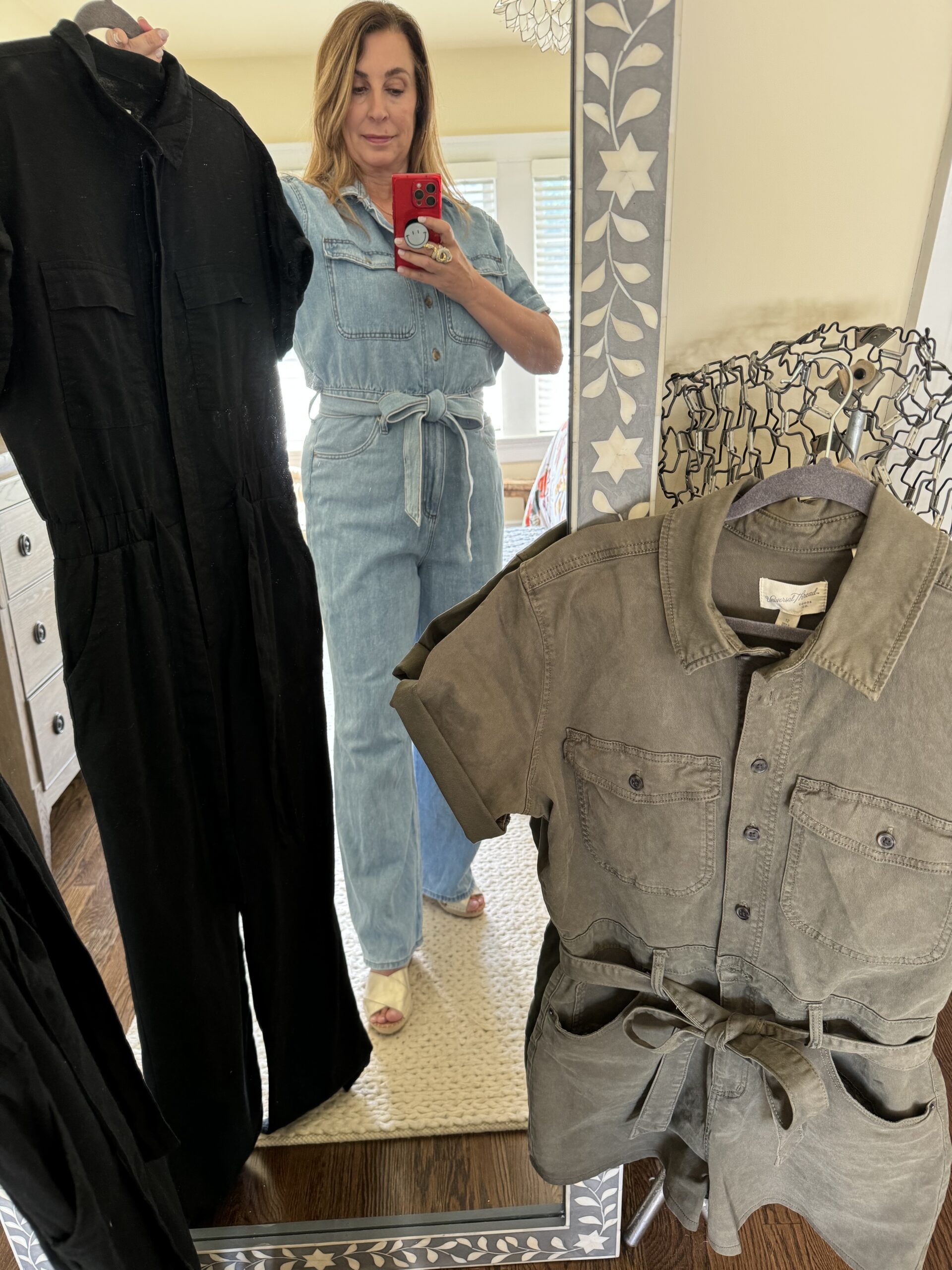 Kelly Elko in linen romper, denim romper and shorts romper / KellyElko.com