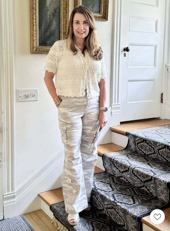Kelly Elko in a pair of gray camo cargo pants and crochet top / kellyelko.com