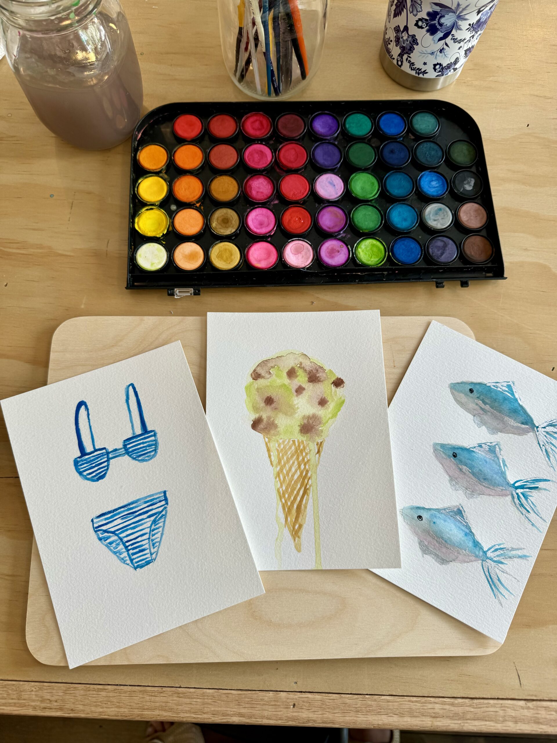 Watercolor class - bikini, ice cream cone and fish / kellyelko.com