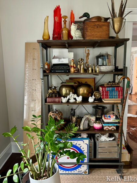 Cluttered bookcase before