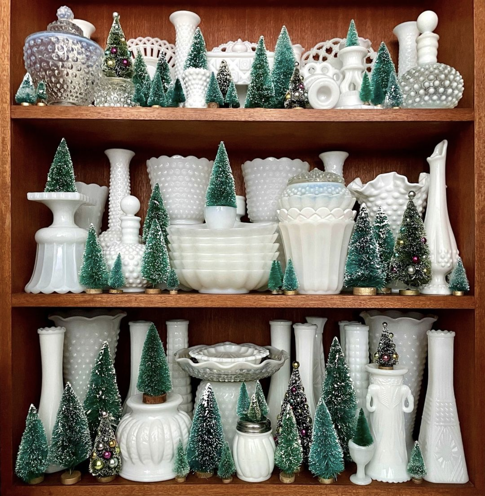 Bottle Brush Trees and Milk Glass / kellyelko.com