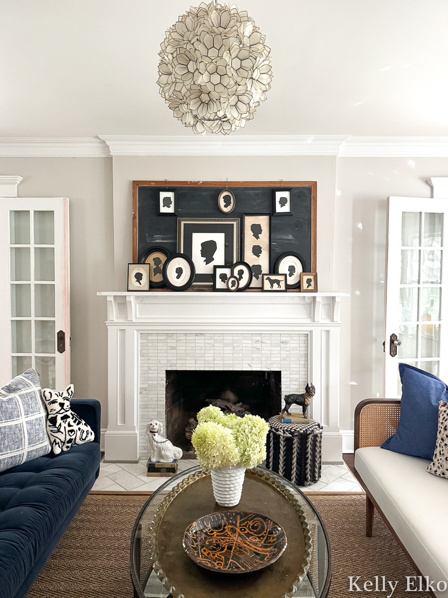 Vintage silhouette art gallery wall against a giant chalkboard. The perfect fall mantel / kellyelko.com