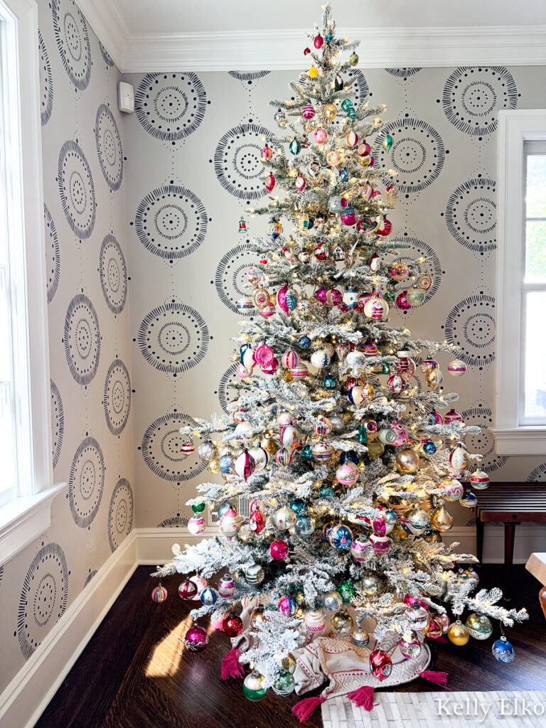 King of Christmas Noble Fir Christmas Tree with hundreds of vintage Shiny Brite ornaments / kellyelko.com