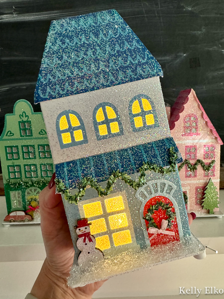 Paper light up Christmas house in blue