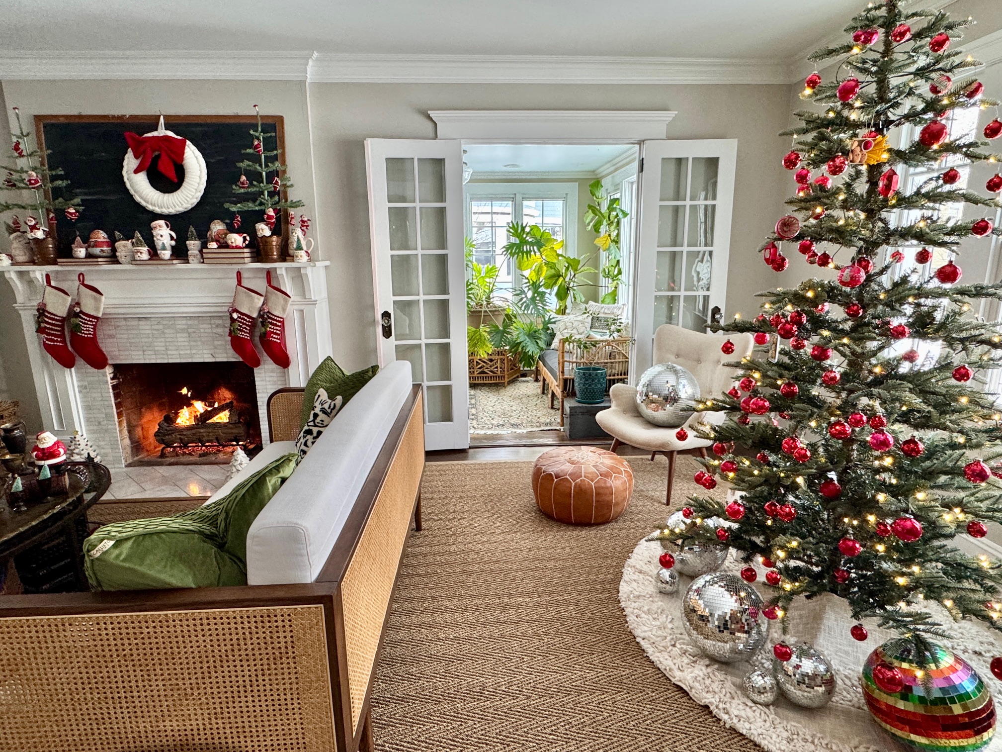 Vintage Christmas mantel and sparse tree