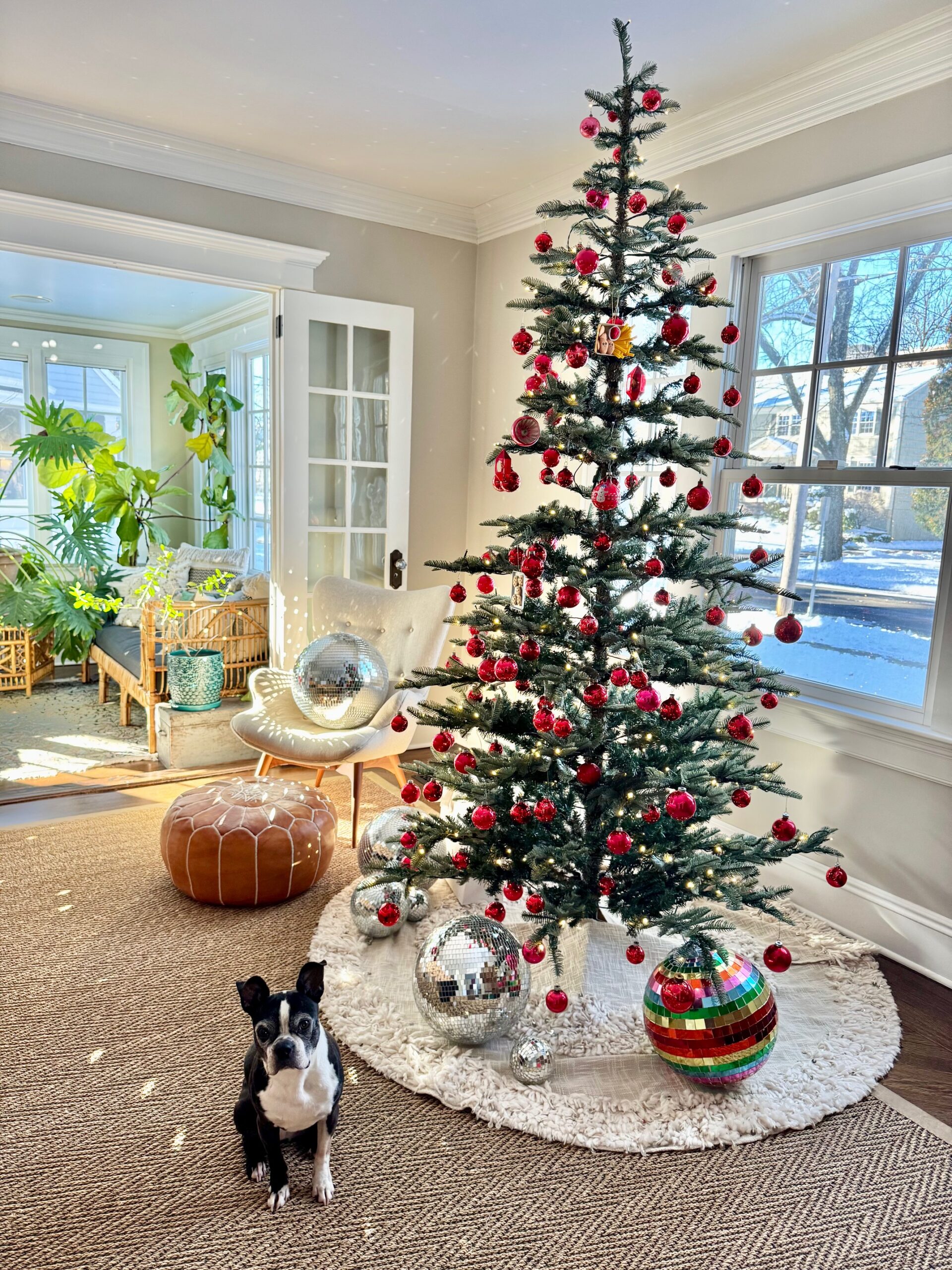 Sparse Christmas tree with vintage red ornaments
